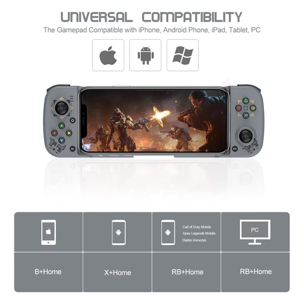 Langaton peliohjain Androidille, iPhonelle, Bluetooth-pelikonsoli Joysticks Samsung Galaxy 22/21/20, iPhone 14/14 Plus/14 Pro/14 Pro Max/13 Pro Max, COD Grey