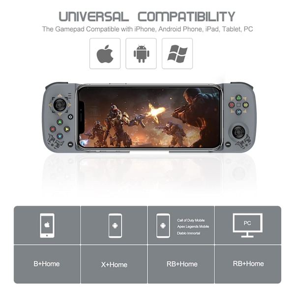 Trådlös spelkontroll för Android, iPhone, Bluetooth Gamepad Joysticks för Samsung Galaxy 22/21/20, iPhone 14/14 Plus/14 Pro/14 Pro Max/13 Pro Max, COD Grey