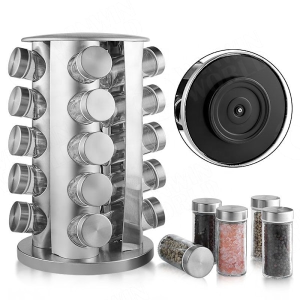 Roterende krydderstativ med etiketter - 20 krukker silver 3000