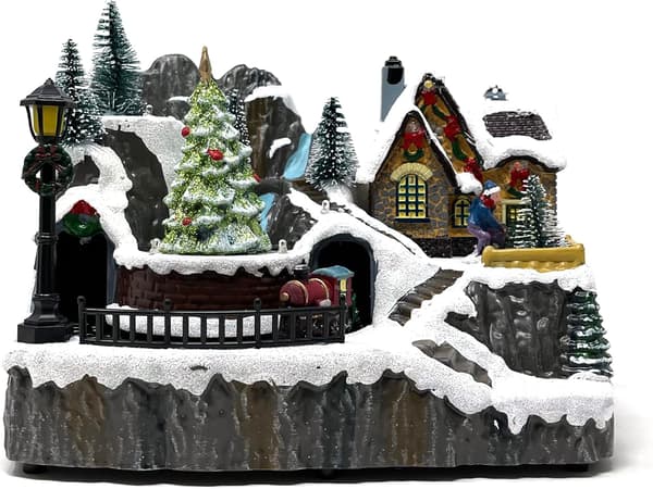 Julby med tåg i harts, samlarfigur med LED-belysning (Julgran)-FA- E