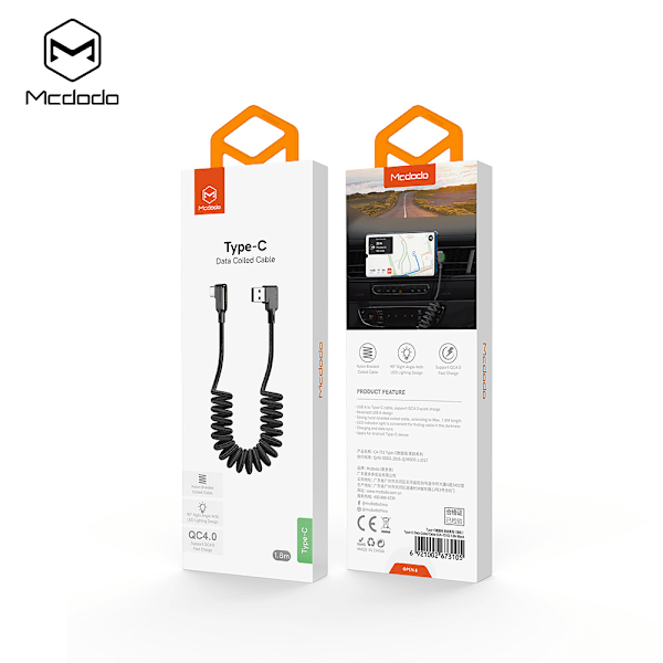 McDodo CA-7310 USB-C-kabel med LED, QC 4.0, 1.8m, svart