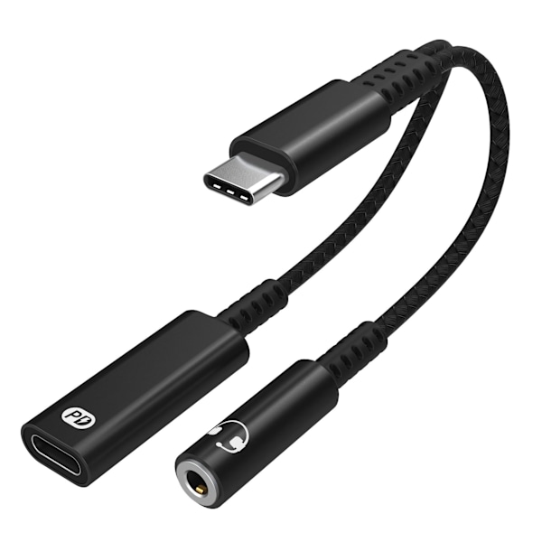 INF USB-C-adapter for 3,5 mm hodetelefoner og USB-C-lader Sort