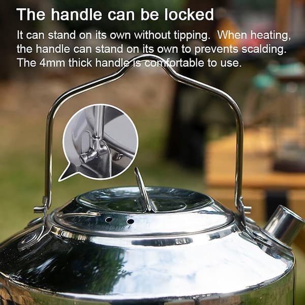 Outdoor Stainless Steel Kettle with Lockable Handle Camping Hanging Pot Portable Coffee Pot Picnic Cookware 1L (Silver)-FA-