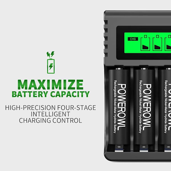 Genopladeligt batteri hurtigoplader, LCD til Ni-MH/Ni-CD AA/AAA, uafhængig kortplads og USB hurtigopladning