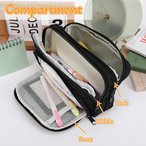 Aprikos Pennetui med Lommer Stor Pennetui Multifunktionel Pennetui Preppy Pennetui Papirvarer Organizer Æstetiske Makeuptasker Black