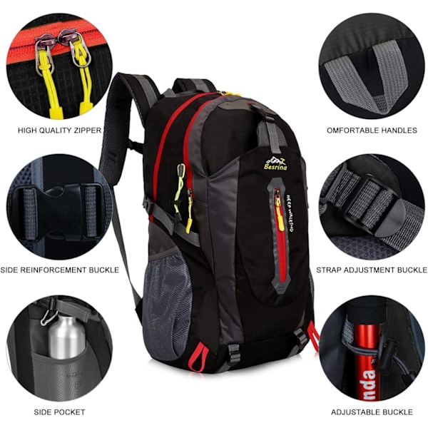 40L Lätt Ryggsäck Multifunktion Vattentålig Casual Camping Ryggsäck För Cykling Resor Klättring Utomhussporter, Svart