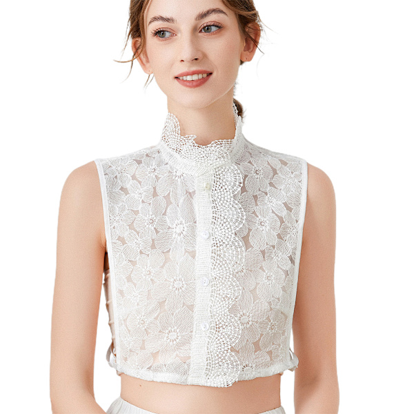 Naisten ontto brodeerat pitsi teko turkis kaulus elegantti röyhelö ständi puolipaita pusero valkoinen kukkakuvioitu koristeellinen irrotettava Dickey Crop Top