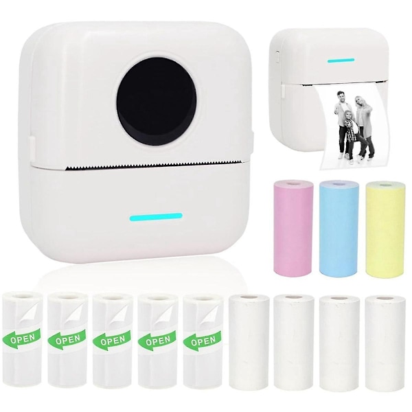 Mini bærbar printer, blækfri klistermærkesprinter med 12 ruller papir, mini thermal printer til noter/fotos/klistermærker, hvid
