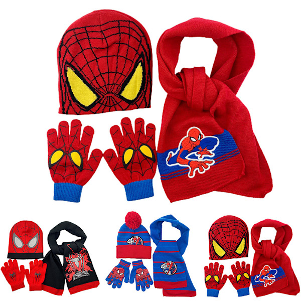 Spider-Man-lippis, huivi ja käsineet talvisetti ulkona Orange spider-man