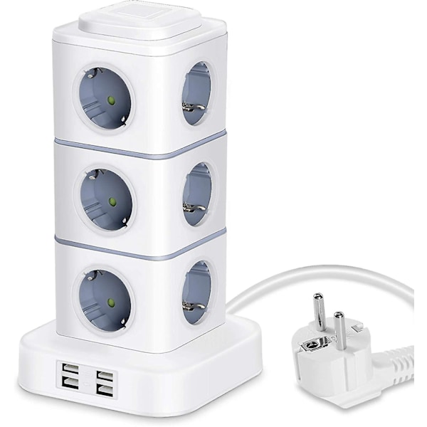 Tower Power Strip, 12 elektriske Power Strip-stik (2500w / 10a) Med 4 USB-porte, Multi El-stik Overspændingsbeskyttelse Vertikal Power Strip til