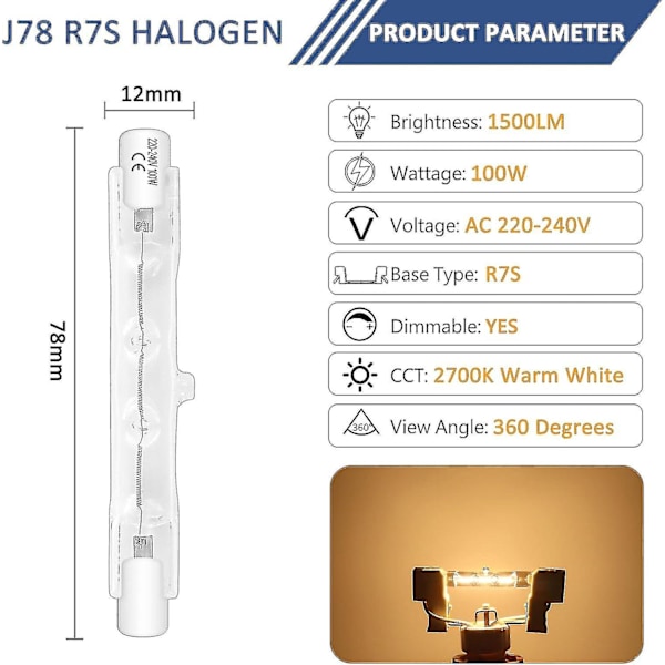 Pakke med 6 Halogenpærer R7s 78mm 100W 230V, Dimbar Halogenrørlampe, Varmt Hvit 2700K, 1500lm, Lineær Halogenspotlight, For Landskapsbelysning