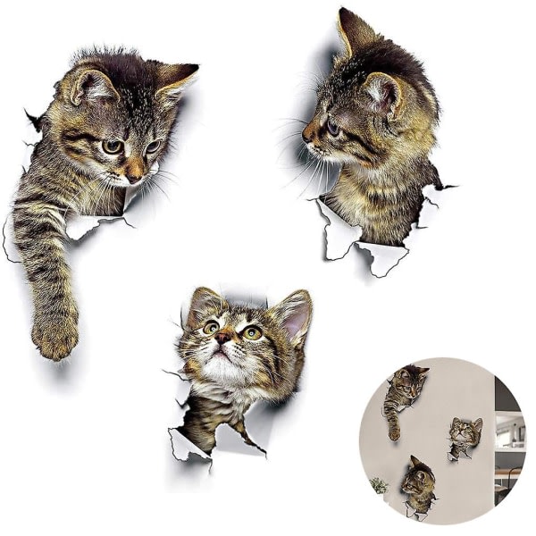Väggdekaler 3D Katter Väggdekaler Kombination Toalettdekaler Vattentäta Kylsklistermärken Dörrklistermärken
