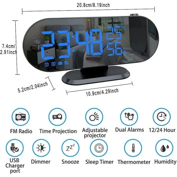 Projektorklocka med radio - Digital klocka - USB-klockradio med dubbla larm och LED-spegeldisplay - 180° vridbar blå