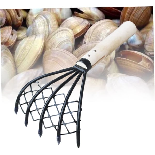 Clam Rake med nett 5 klo trehåndtak Rake Shell Digging Tool
