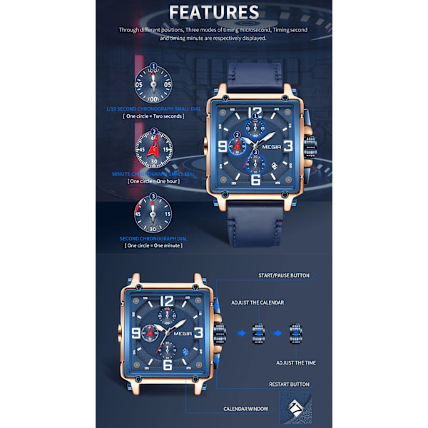 Klockor för män Vattentät Läder Quartz Armbandsur Luminous Chronograph Datum Kalender Herrklocka RoseBlack
