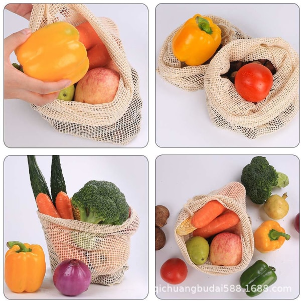 3-pakning, 20*22,5 cm vegetabilsk bomullspose - gjenbrukbar frukt