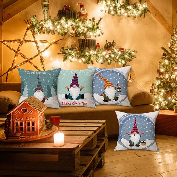 Jul kuddfodral 45x45cm Set med 4 juldekorationer Svenska Gnome Tomte Dekorativa kuddfodral för soffa Juldekoration