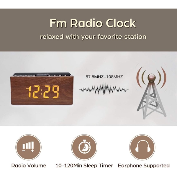 Sängbordsradio i trä med FM-radio och väckarklocka, 10 W supersnabb