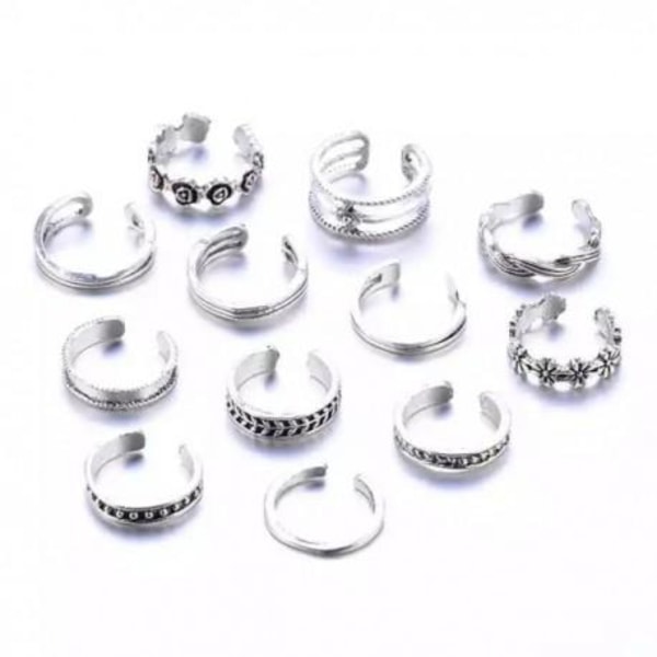 12-pak Boho Antik Ringer / Tåringer - Justerbare silver