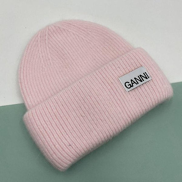 Strikket Herr Dame Ganni Vinter Varm Lue Mansjettstrikket Stretch Beanie Hatt Pink