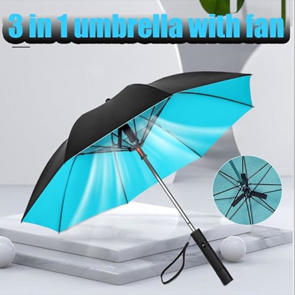 UV-blokkerende paraply med vifte, 3 i 1 paraply med vifte og Mister, parasoll, USB -laddbart, for sand, reiser Blue