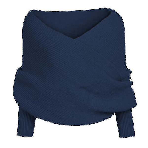 Stickad tröja med halsduk för kvinnor, varm vinterhalsduk med ärm Navy Blue