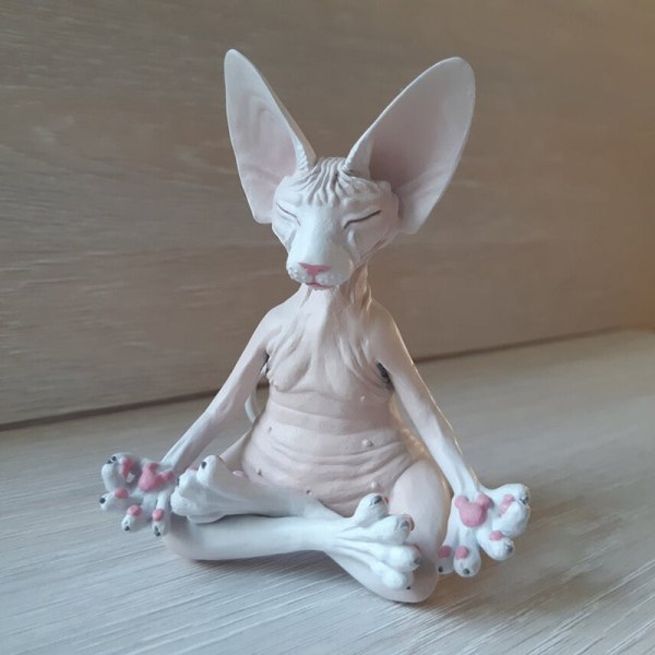 Sphynx Kat Meditera Staty Sød hårløs kat Yoga Siddende Samlefigur til rum Skrivebordsdekoration White