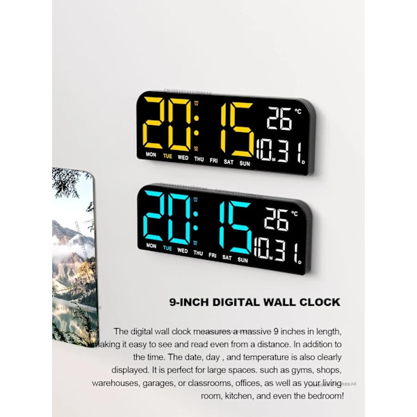 9,0 tum stor digital väggklocka med temperatur, datum och veckodagar, nattläge, tabell, väckarklocka, 12/24H, elektronisk LED-klocka Yellow