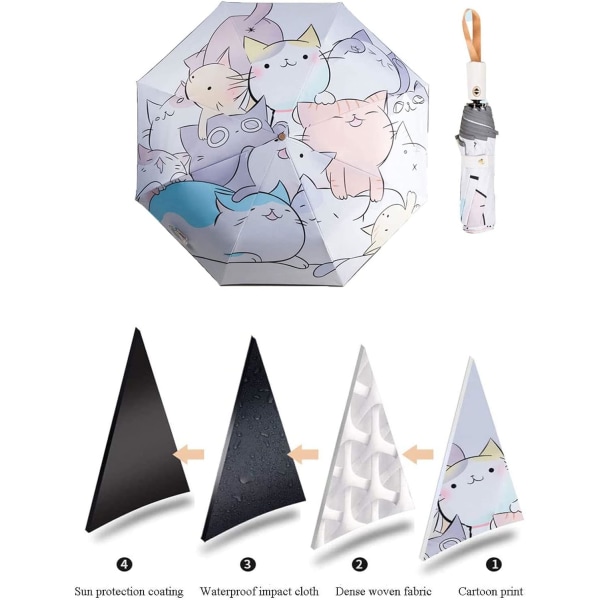 Hopfällbart paraply för barn, automatiskt paraply med katt, tecknat, starkt vindtätt och UV-beständigt reseparaply, kompakt paraply för flickor och pojkar