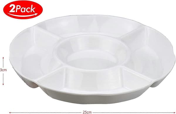 2-pack Snack Plate, 5-Compartment Plastic Plate for Fruit Snacks or Candy - 25 x 3 cm, White-FA-