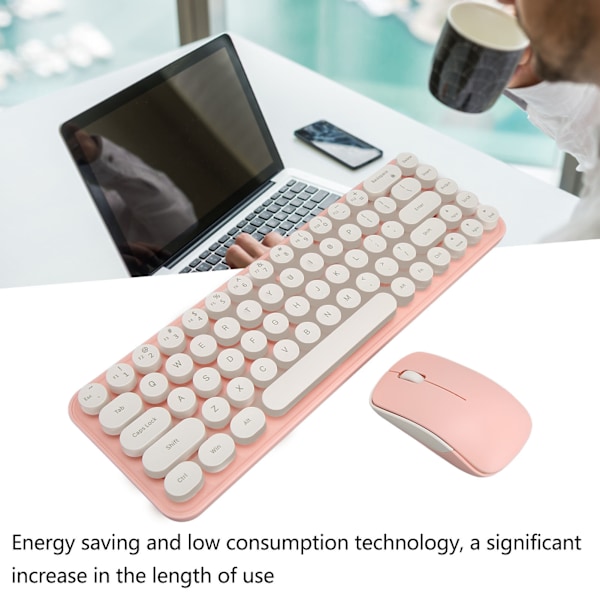 Trådløst tastatur og mus-kombination, mini bærbar retro stille 2,4G trådløs 68 taster kontor tastatur og mus-sæt White Pink