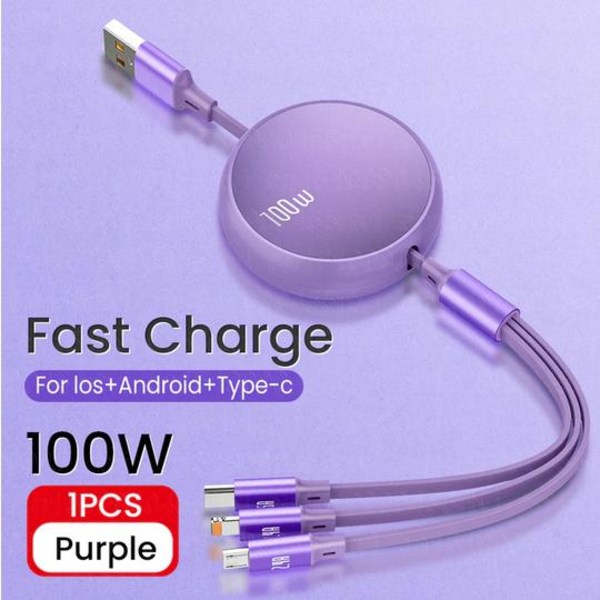 3-in-1 vetävä kaapeli - Lightning, USB-C, Micro USB Violetti M Purple m