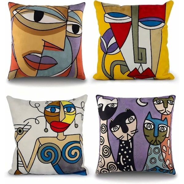 Set med 4 Picasso putetrekk 45x45 cm bomull lin brodert