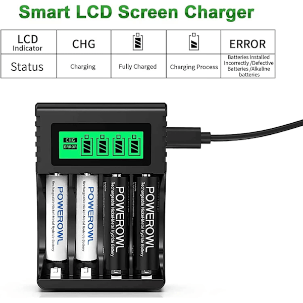 Uppladdningsbar batteriladdare, LCD för Ni-MH/Ni-CD AA/AAA, oberoende kortplats och USB snabbladdning