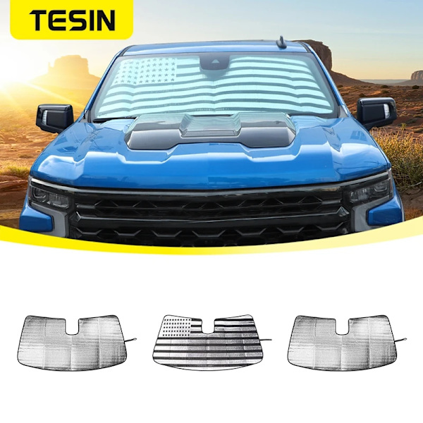 TESIN Bilsolskydd för vindruta fram, solskydd, skyddande lock för Chevrolet Silverado för GMC Sierra 2019 och senare tillbehör C