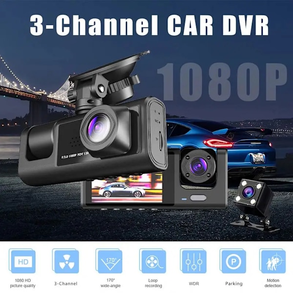 3-kanals Dashcam för bilkamera 1080P videoinspelare Dashcam Black Box Dubbel lins inuti bil DVR Bakre kamera biltillbehör 3 kamera 3 camera 128GB