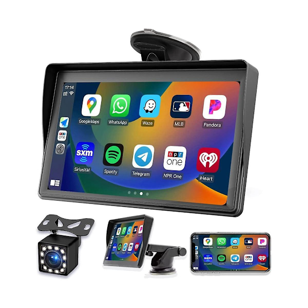 Bærbar Dash Mount Carplay Display 7 tommer Touch Screen, GPS Navigation, Bluetooth Bilradio, Backup Kamera, FM Radio