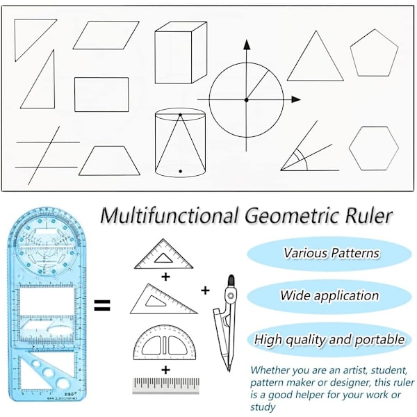 Multifunksjonell geometrisk linjal, matematikktegningslinjal, geometrisk tegningsmal målelinjaler for student skolekontor