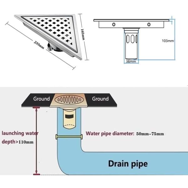 Rostfritt stål deodorant triangulär duschgolvavlopp anti-clo