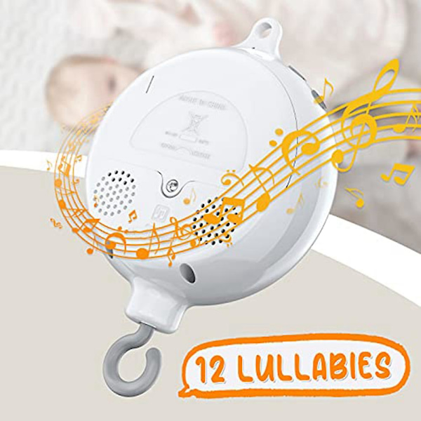 Spjälsängsmobil Motor Baby Music Box Spinner med 3 lägen Volymjusterbar 12 vaggvisor Automatisk avstängning efter 30 minuter  [dB} White