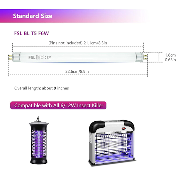 FSL T5 F6W BL Erstatningslampe for Fly Killer Lampe, 22,6 cm UV-rør for 12 W Myggdødare/Insektsdødare (2 stk)