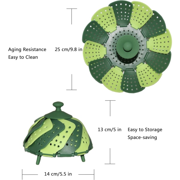 Höyrystin Korg vihanneksille ja ruoalle, Mini Silikoninen Höyrystin Kori, Taitettava Höyrystin, Vihreä, naarmuuntumaton BPA-vapaa