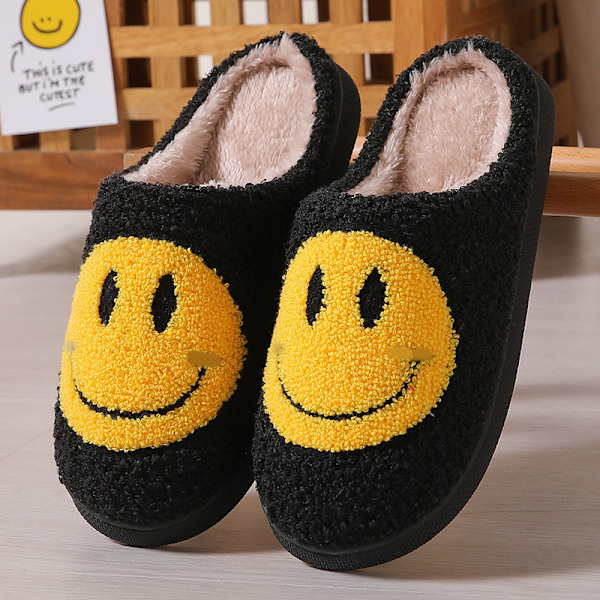 Smiley Face Tofflor til Kvinder Smile Tofflor Sorte Black 44-45