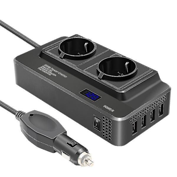 200W Auton muuntaja, Jännitteen muuntaja 12V - 220V Älykkäällä LCD-näytöllä, 2 Pistorasiaa ja 4 USB-C-liitäntää