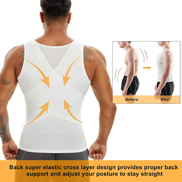Kompressionsskjorte til mænd, slankende undertrøje, kropsformer, undertrøje, gynomastika, ærmeløs shapewear-vest, mesh-korset, HVID-FA3- WHITE M