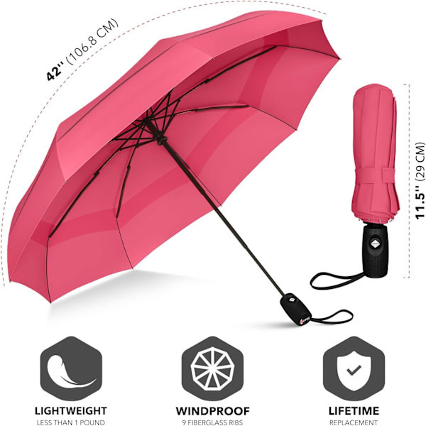 Repel Paraply Tuulenkestävä Sateenvarjo - Helppo Automaattinen Avaa ja Sulje, Kestävä & Kompakti Sateenvarjo, Vahva Lasikuitukehys, Vedenpitävä Katto Pink