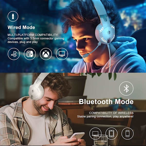 PS4 Pelikuulokkeet PS5:lle, PC:lle, Switchille, G2000 Pro Bluetooth Langattomat Kuulokkeet Puhelimelle, Kannettavalle Tietokoneelle, Irrotettavalla Melunvaimennusmikrofonilla, Ste White