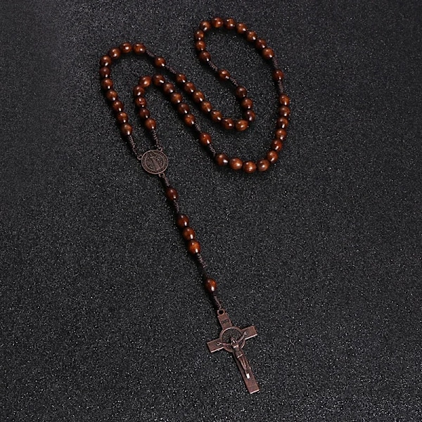 Kristus Jesus Træperler 8 mm Rosarieskive Kors Bilhæng Vævet Reb Kæde Halskæde Religiøse Ortodokse Bøn Smykker