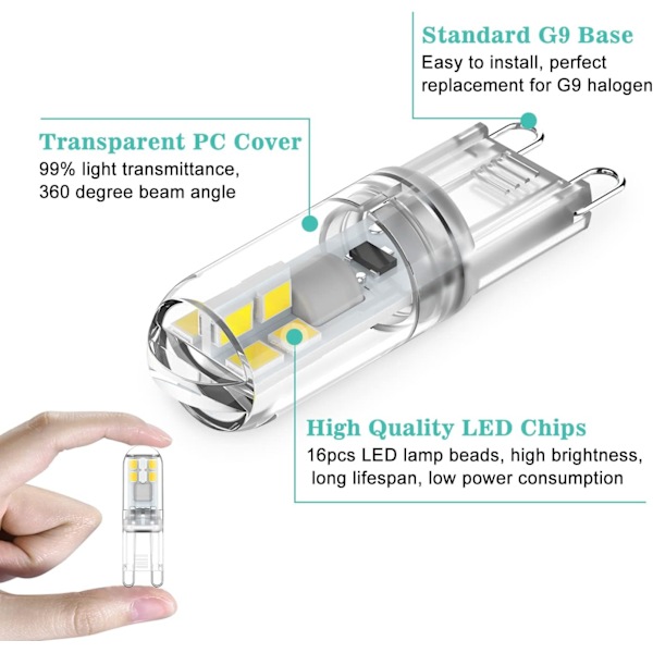 G9 LED-lampor 1,5W motsvarande 20W halogen kallvitt ljus 6000K, AC 220-240V, ej dimbar, mini-glödlampa, flimmerfri, 10-pack