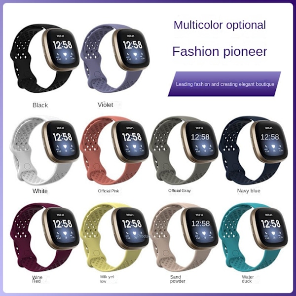 Sports silikone armbånd med TPU Hollow Design til Fitbit Versa 3 og Sense Smartwatches lilla violet large size